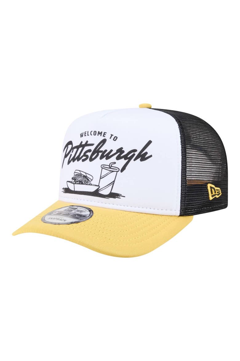 Men's New Era  White/Gold Pittsburgh Pirates Foodie A-Frame 9FIFTY Trucker Snapback Hat, Alternate, color, White