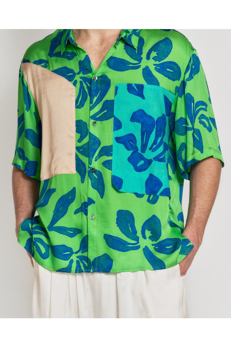 "Tropical Bliss" Patchwork Oversized Hawaii Shirt, Alternate, color, Green