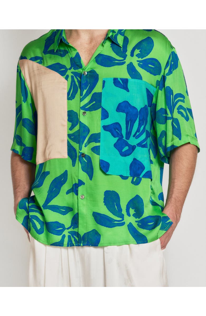 Lost Pattern NYC "Tropical Bliss" Patchwork Oversized Hawaii Shirt, Alternate, color, Green
