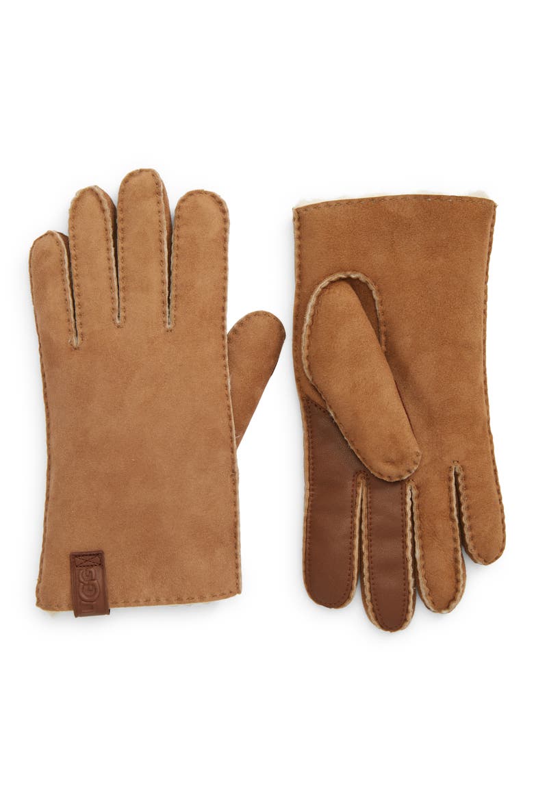 Men's Whipstitch Genuine Shearling Gloves, Main, color, CHESTNUT