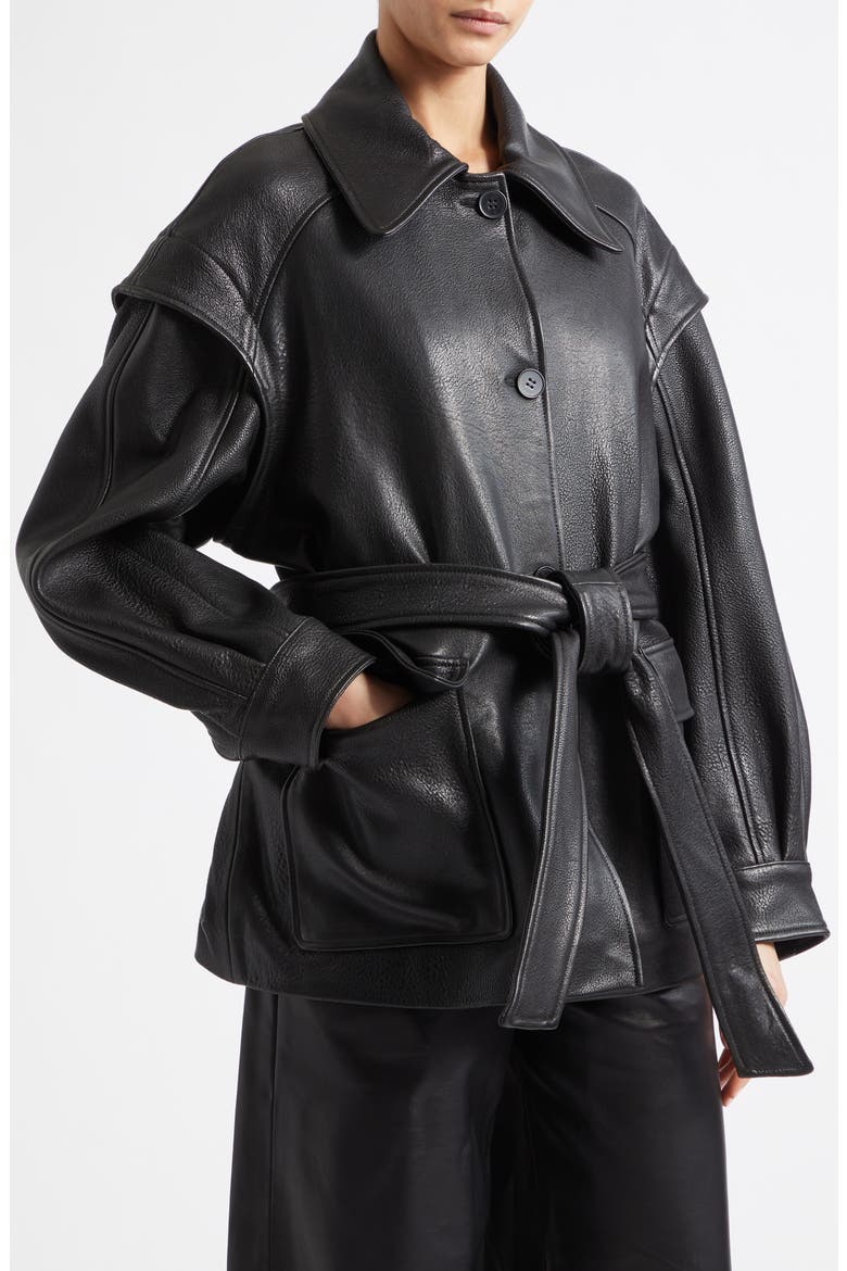 Perrin Belted Leather Jacket, Alternate, color, BLACK