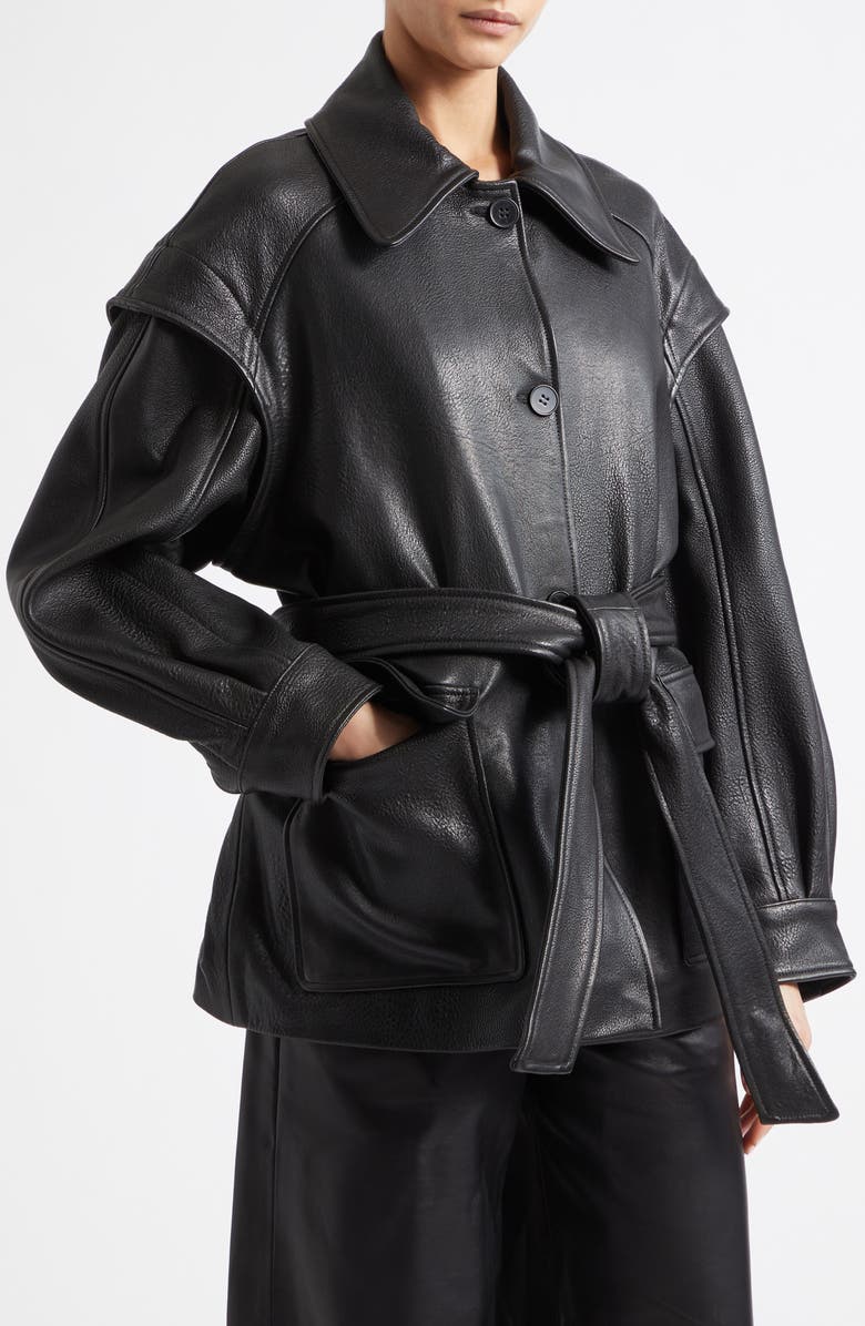 NOUR HAMMOUR Perrin Belted Leather Jacket, Alternate, color, Black
