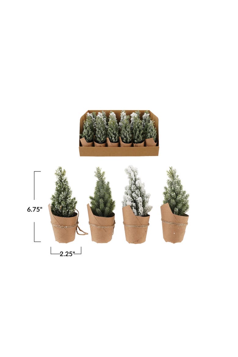 Set of 24 Snow-Kissed Faux Trees in Paper Pots with Jute Bow, Alternate, color, Green and Natural