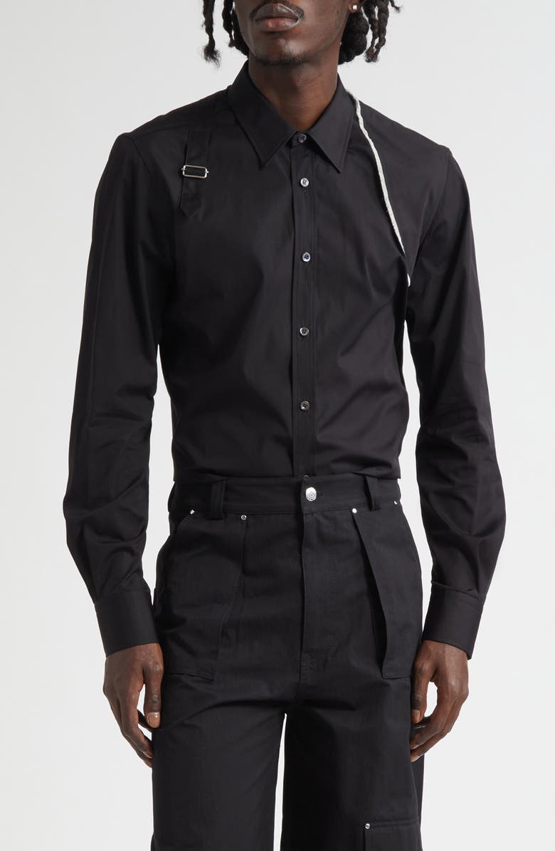 McQueen Raw Edge Harness Cotton Popling Button-Up Shirt, Main, color, Black