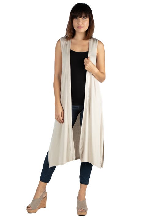 Sleeveless Long Cardigan Vest with Side Slit