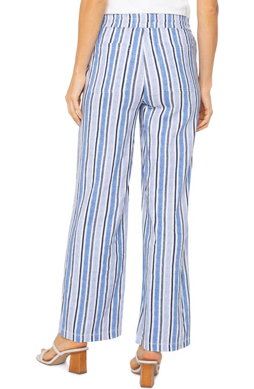 Liverpool Los Angeles Stripe Linen Blend Drawstring Wide Leg Pants In White Blue Multi Stripe