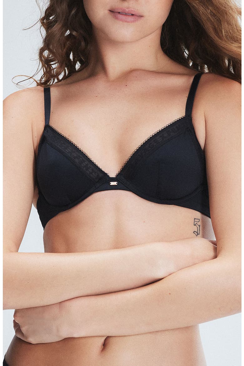 Microfiber Logo Trim Unlined Plunge Bra, Main, color, BLACK CAVIAR