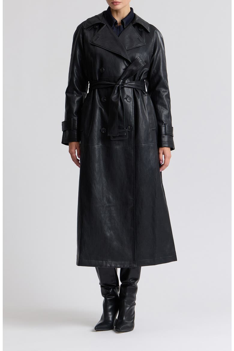 Oversize Raglan Faux Leather Trench Coat, Main, color, BLACK