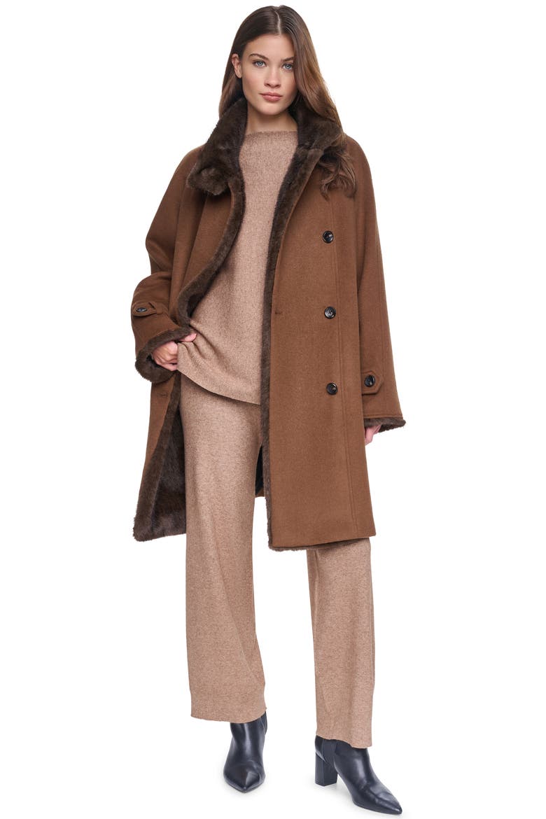 Faux Mink Trim Double Breasted Wool Blend Coat, Alternate, color, VICUNA