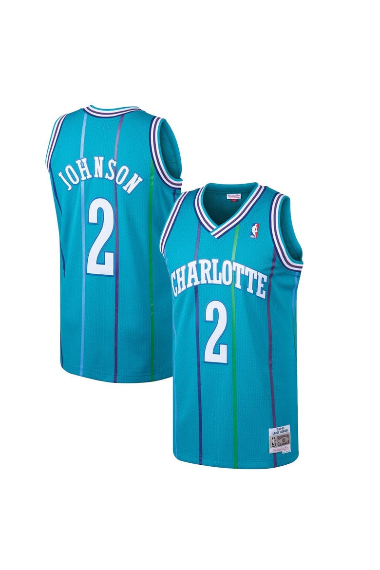 Men's Mitchell & Ness Larry Johnson Teal Charlotte Hornets 1992/93 Hardwood Classics Swingman Jersey, Main, color, Teal