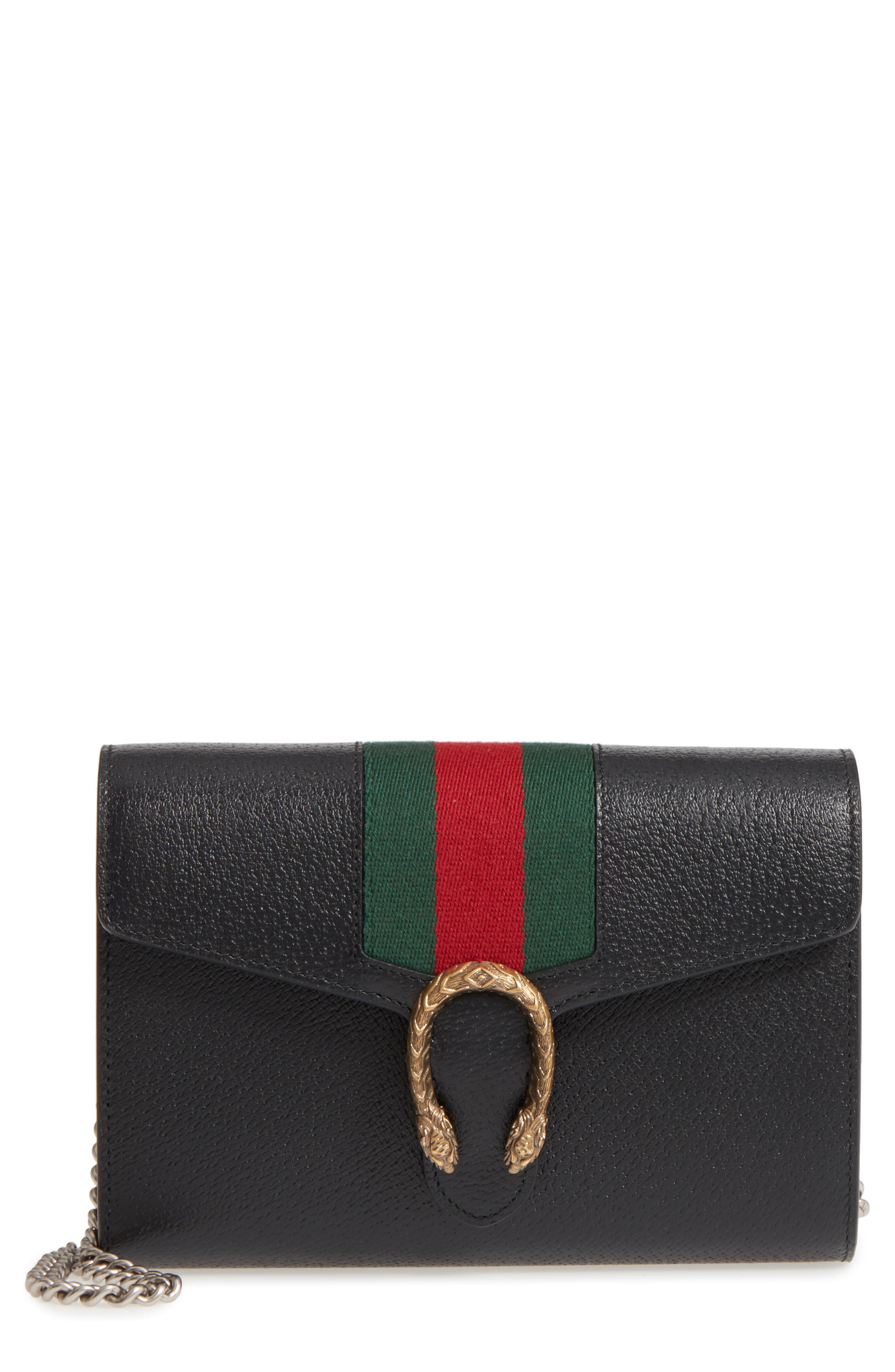 Web Stripe Leather Wallet on a Chain, Main, color, BLACK/ VERT RED VERT