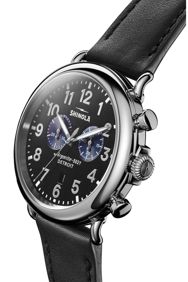 The Runwell Chrono Leather Strap Watch, 47mm, Alternate, color, BLACK/ SILVER
