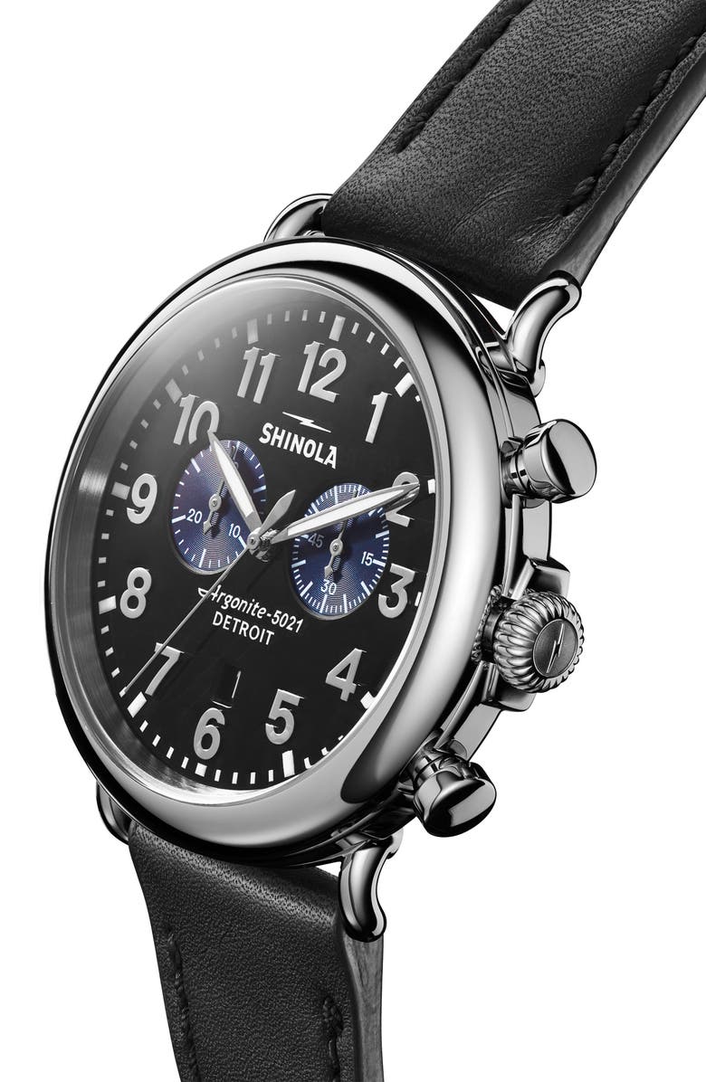 Shinola The Runwell Chrono Leather Strap Watch, 47mm, Alternate, color, Black/ Silver