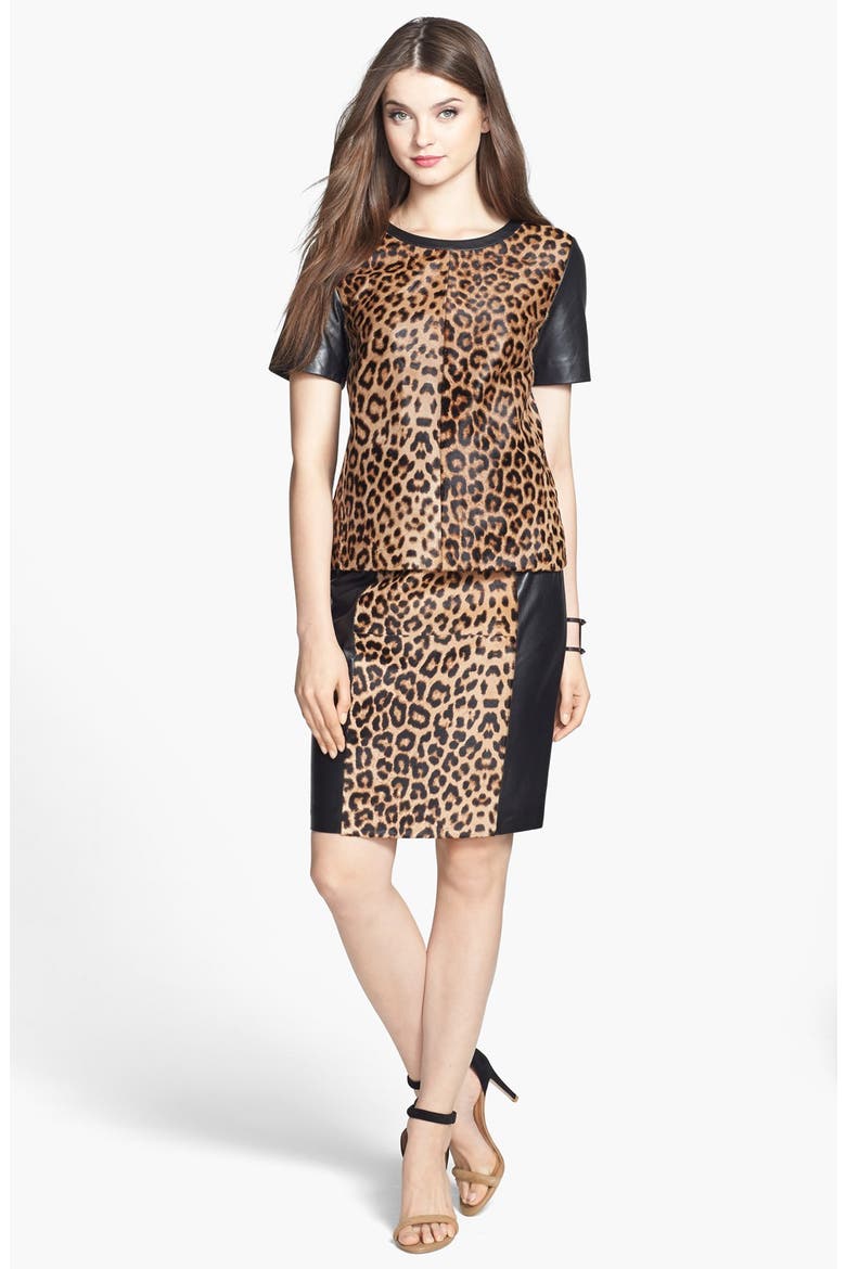 Leopard Print Genuine Calf Hair & Leather Pencil Skirt, Alternate, color, LEOPARD- BLACK COLORBLOCK