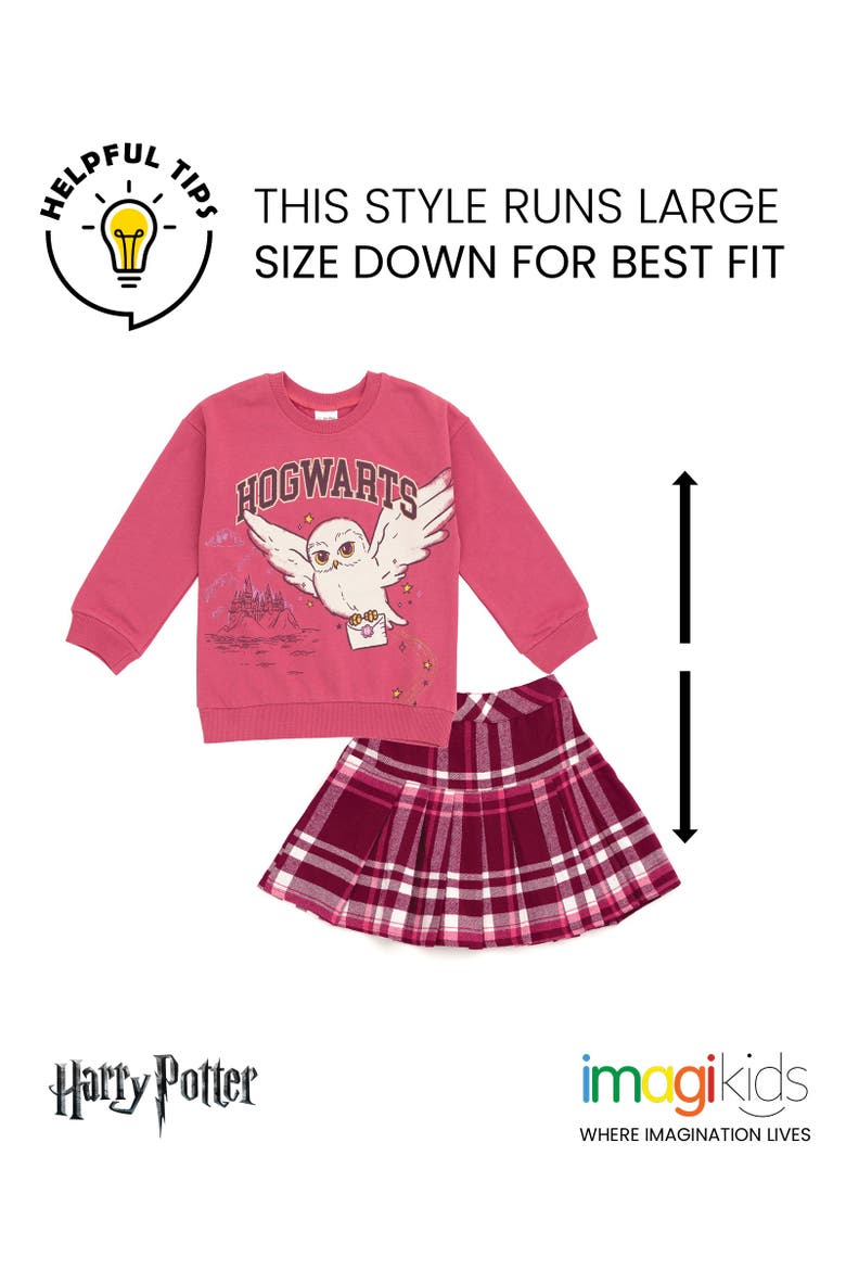 Hedwig Fleece Sweatshirt and Plaid Pleated Skirt Set, Alternate, color, Hedwig Pink Maroon