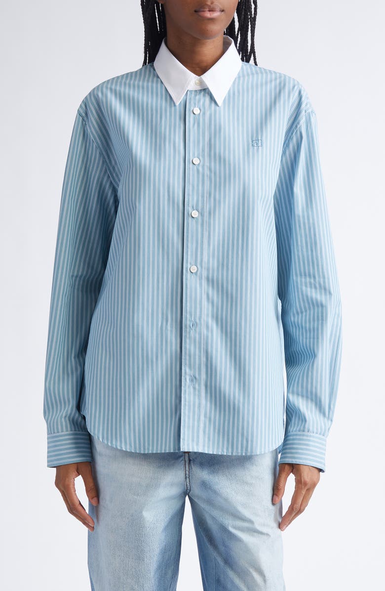 Acne Studios Sunnie Stripe Organic Cotton Poplin Button-Up Shirt, Main, color, Turquoise Blue