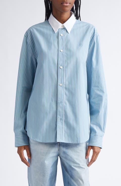 トップス ACNE STUDIOS Stripe Shirts ACNE STUDIOS Embroidered striped organic cotton Oxford shirt