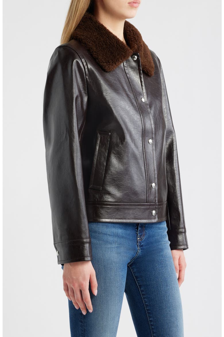Slim Fit Faux Leather Jacket With Faux Fur Collar, Alternate, color, DARK BROWN
