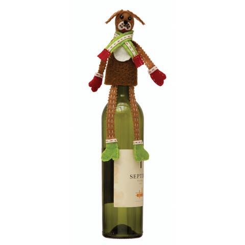 Fabric & Wool Felt Dog in Scarf Bottle Topper with Embroidery & Applique, Multicolor