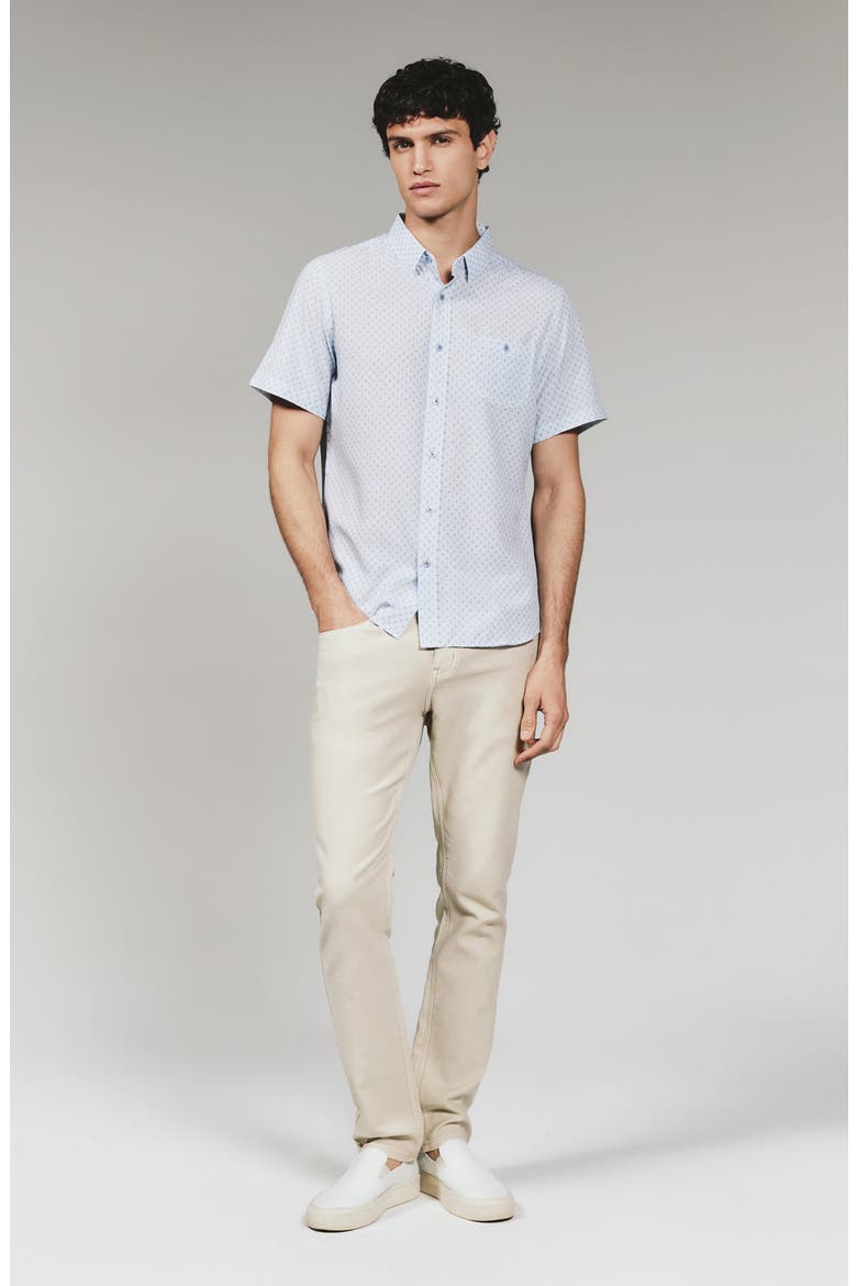Callisto Geo Print Textured Short Sleeve Stretch Button-Up Shirt, Alternate, color, STONE BLUE