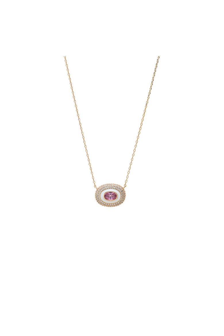 Pave Oval Encased Pink Stone Pendant Necklace, Main, color, Pink