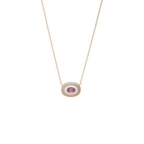 Pave Oval Encased Pink Stone Pendant Necklace