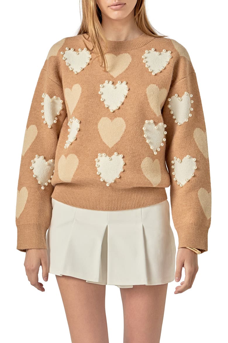 Heart Faux Pearl Embellished Crewneck Sweater, Main, color, TAN MULTI