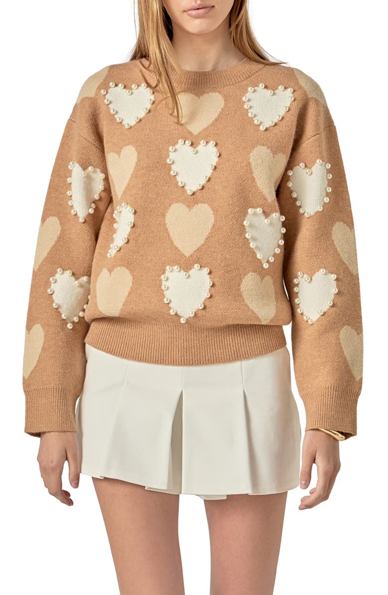 English Factory Heart Faux Pearl Embellished Crewneck Sweater, Main, color, 