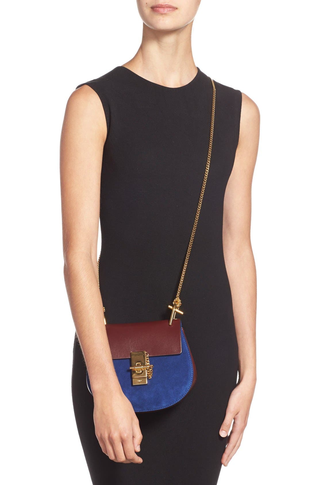 Chloé 'Mini Drew' Leather & Suede Shoulder Bag, Alternate, color, 