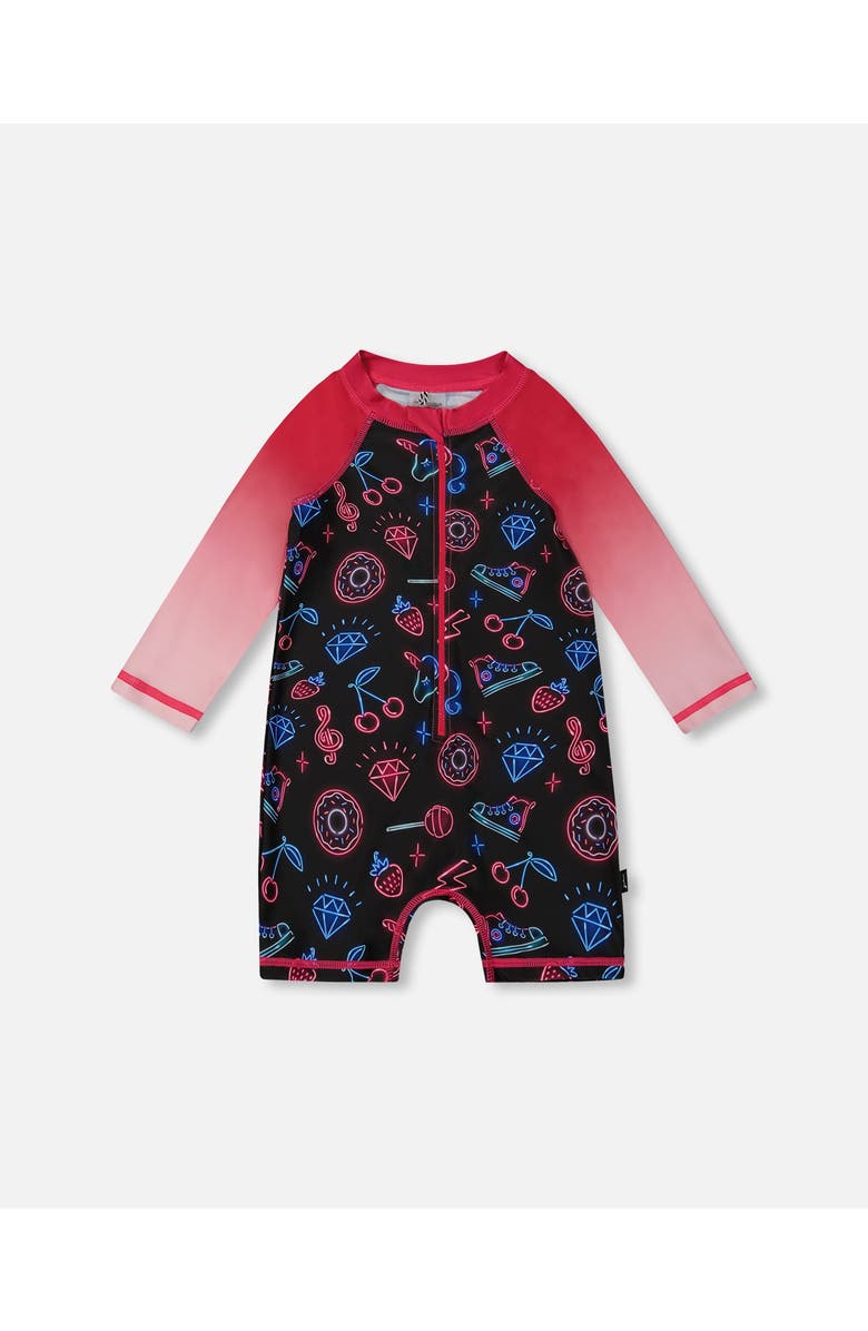 Deux par Deux Little Girl's Printed Long Sleeve One-Piece Rashguard Black And Blue And Pink Items, Main, color, Black And Blue And Pink Items