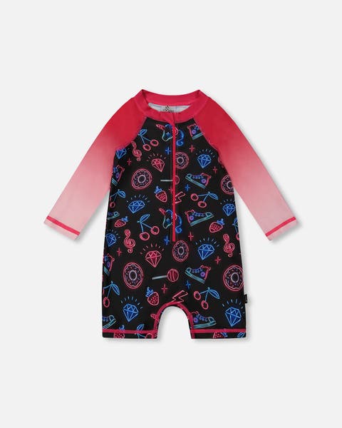 Little Girl's Printed Long Sleeve One-Piece Rashguard Black And Blue And Pink Items