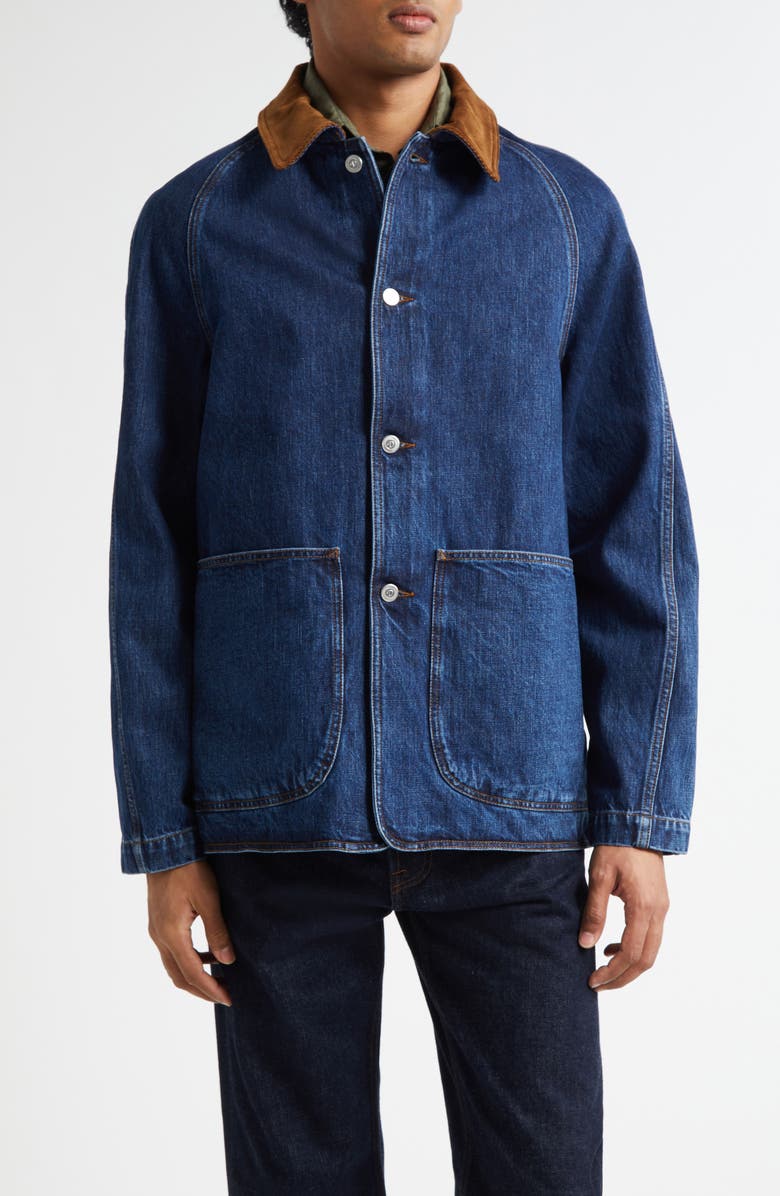 Drake's Corduroy Collar Denim Chore Coat, Main, color, Stone Wash