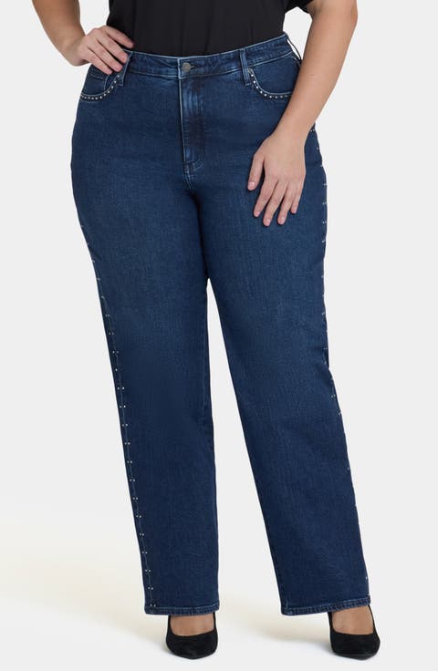 Brooke Rhinestone High Waist Loose Straight Leg Jeans (Louvre Sapphire) (Plus)