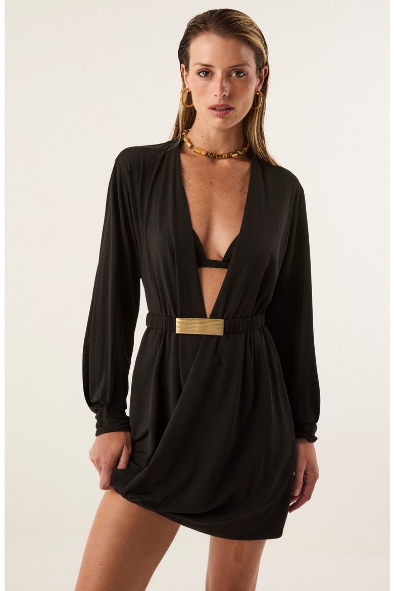 Rosana Long Sleeve Cover-Up Minidress, Alternate, color, BLACK