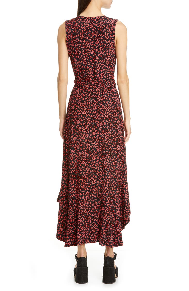 Ganni Floral Logo Print High/Low Wrap Dress, Alternate, color, 