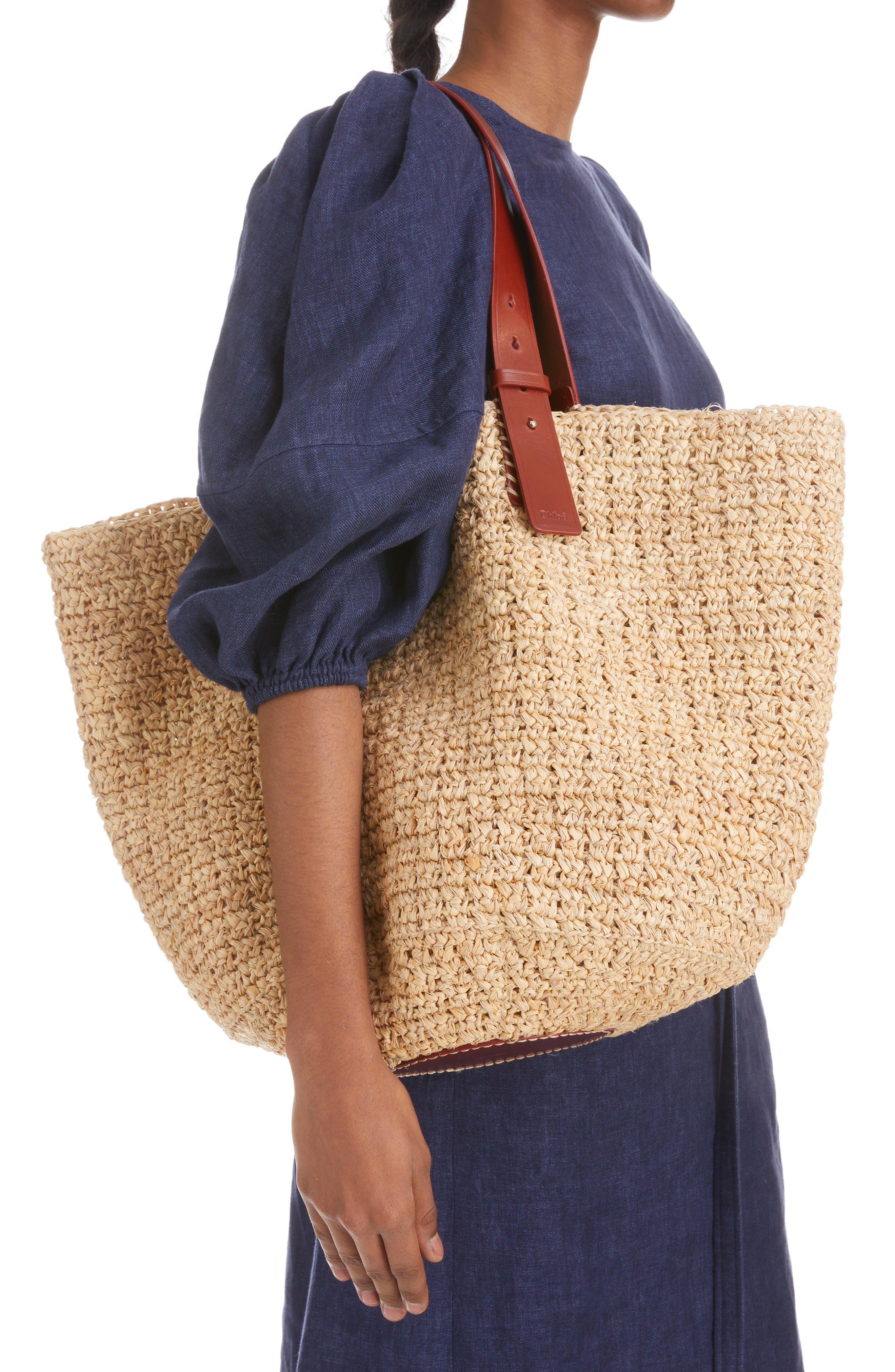 Chloé Medium Manuel Raffia Tote Bag, Alternate, color, Sepia Brown
