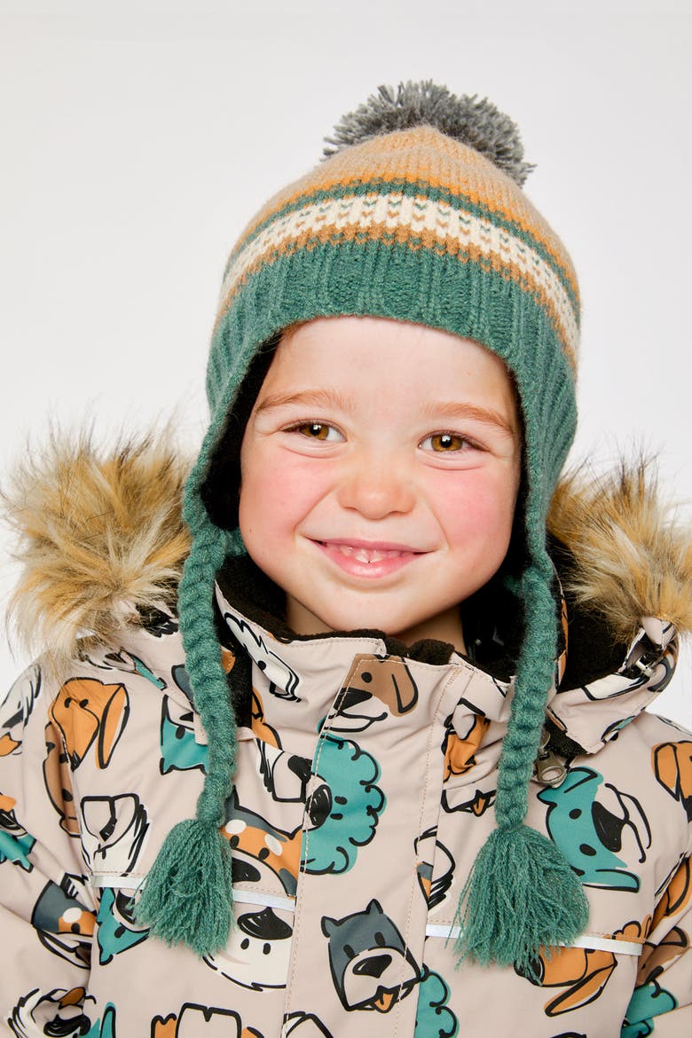 Winter Chevron Jacquard Earflap Peruvian Knit Hat with Pompom, Alternate, color, Beige and Green Jacquard