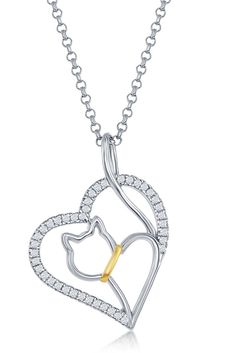 Sterling Silver Heart & Cat Pendant Necklace, Main, color, SILVER