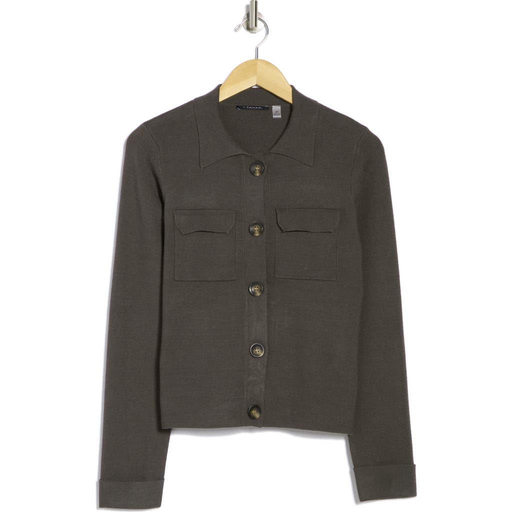 T Tahari Collar Button Front Cardigan In Olive