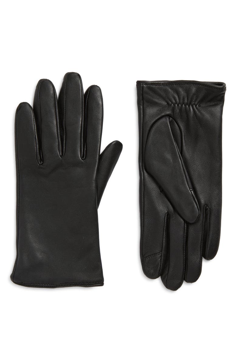 Cole Haan Leather Touchscreen Gloves, Main, color, Caviar