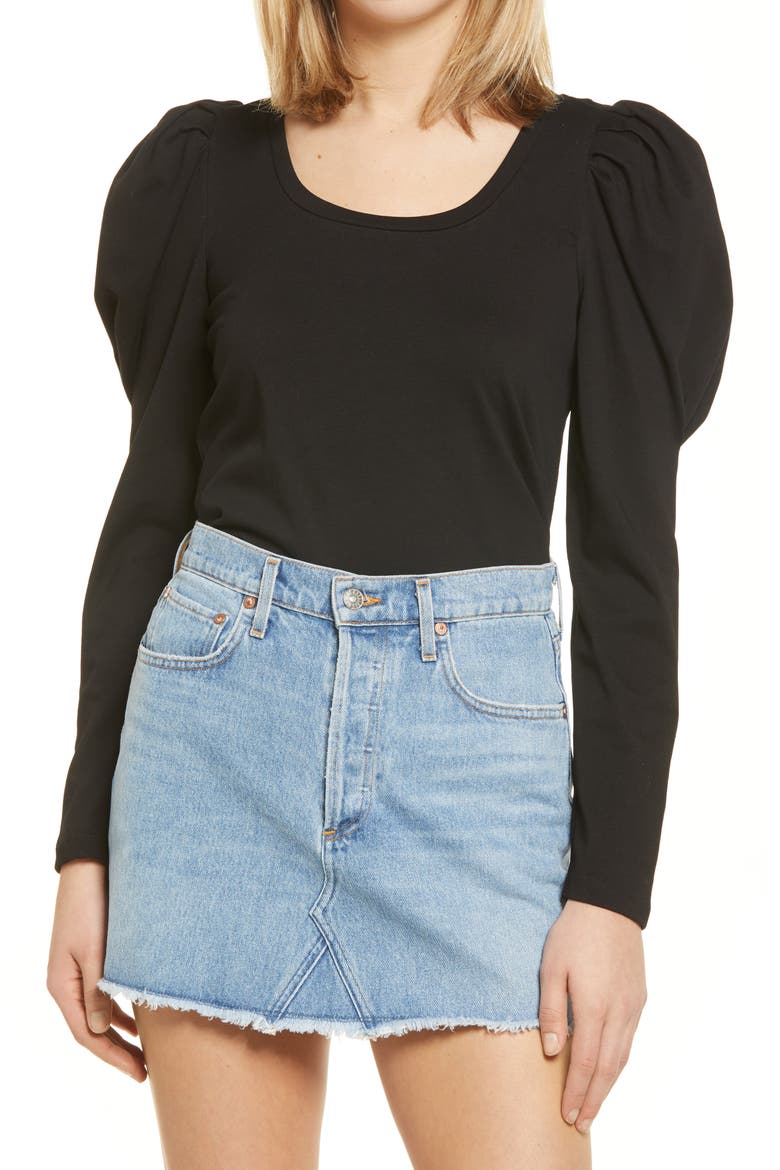 Pleated Puff Sleeve Top, Main, color, BLACK