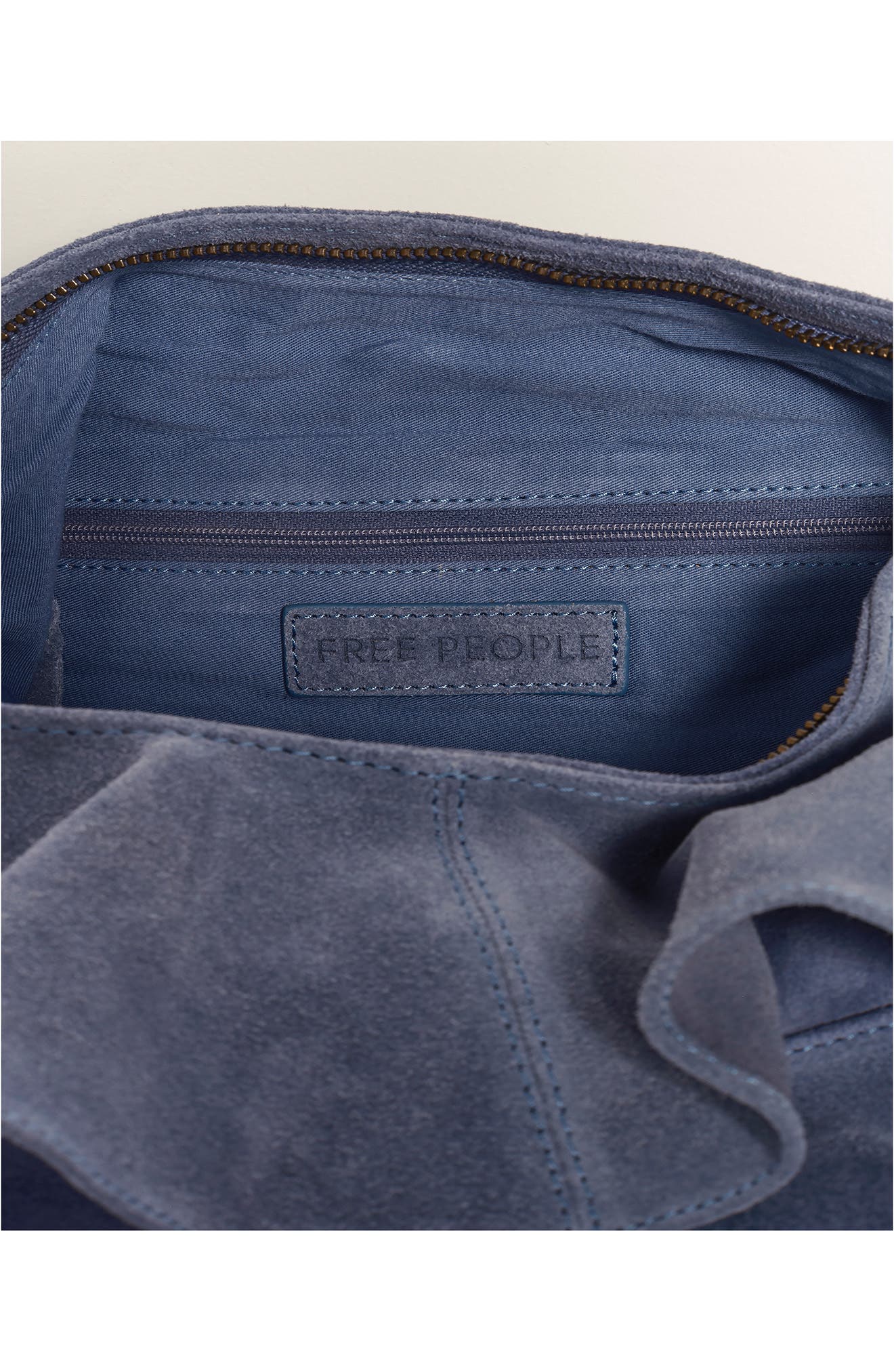Free People Rae Ruffle Suede Shoulder Bag, Alternate, color, Slate