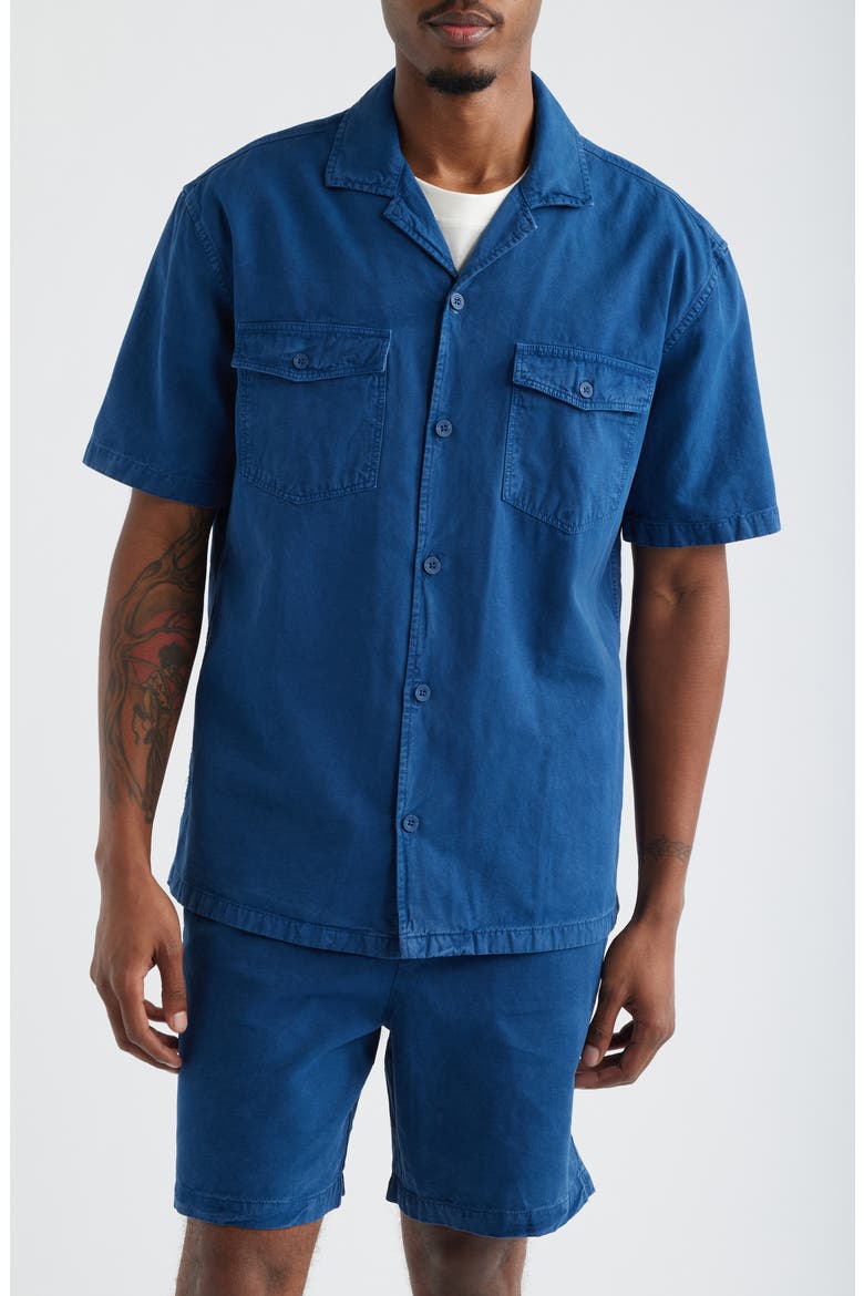 Short Sleeve Linen Blend Button-Up Shirt, Alternate, color, NAVY PEONY