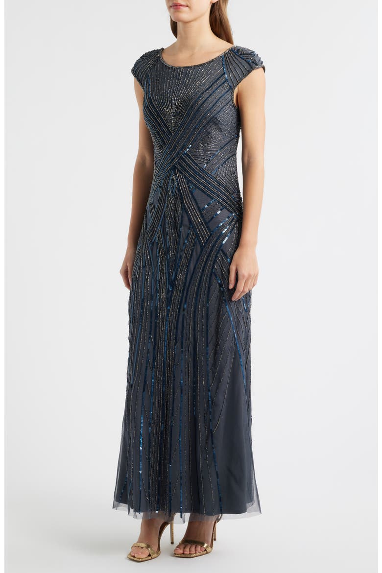 Embellished Cap Sleeve Gown, Alternate, color, SMOKE