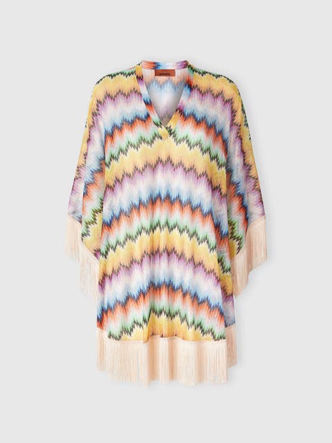 Short Caftan With Fringes And Gradient Stripe Print
