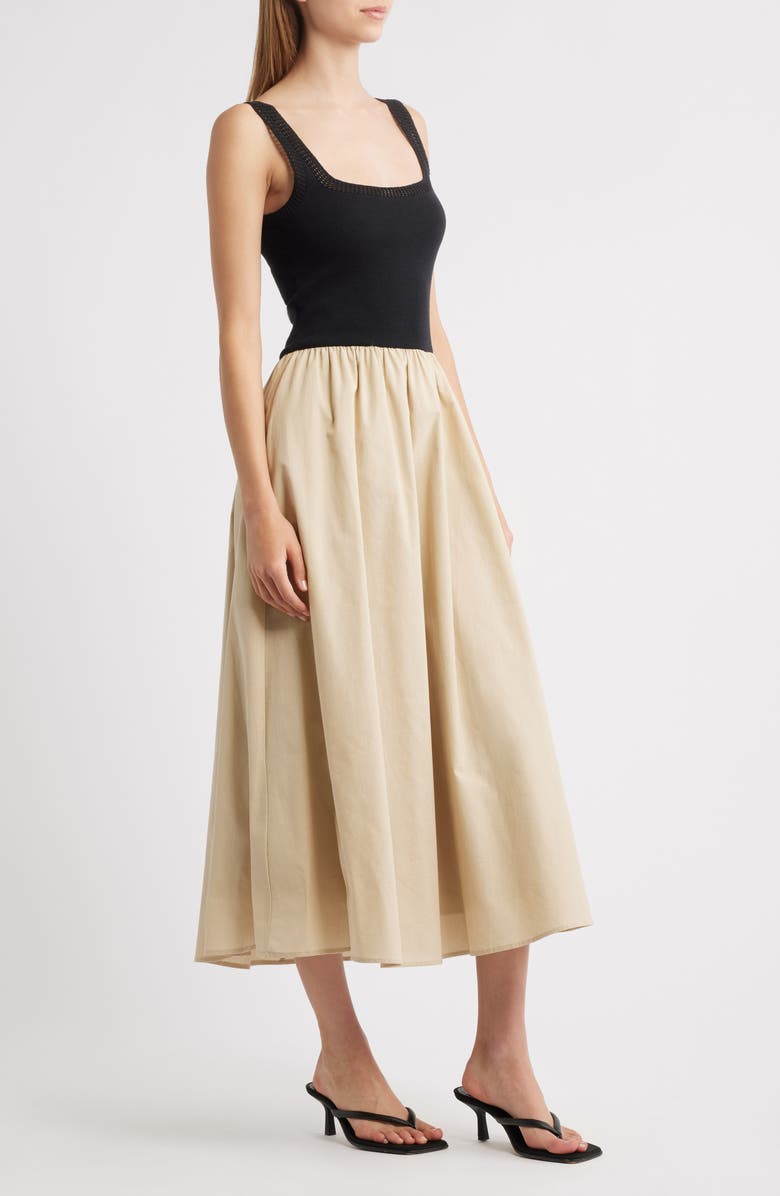 MOON RIVER Square Neck Mixed Media Midi Dress, Alternate, color, Natural