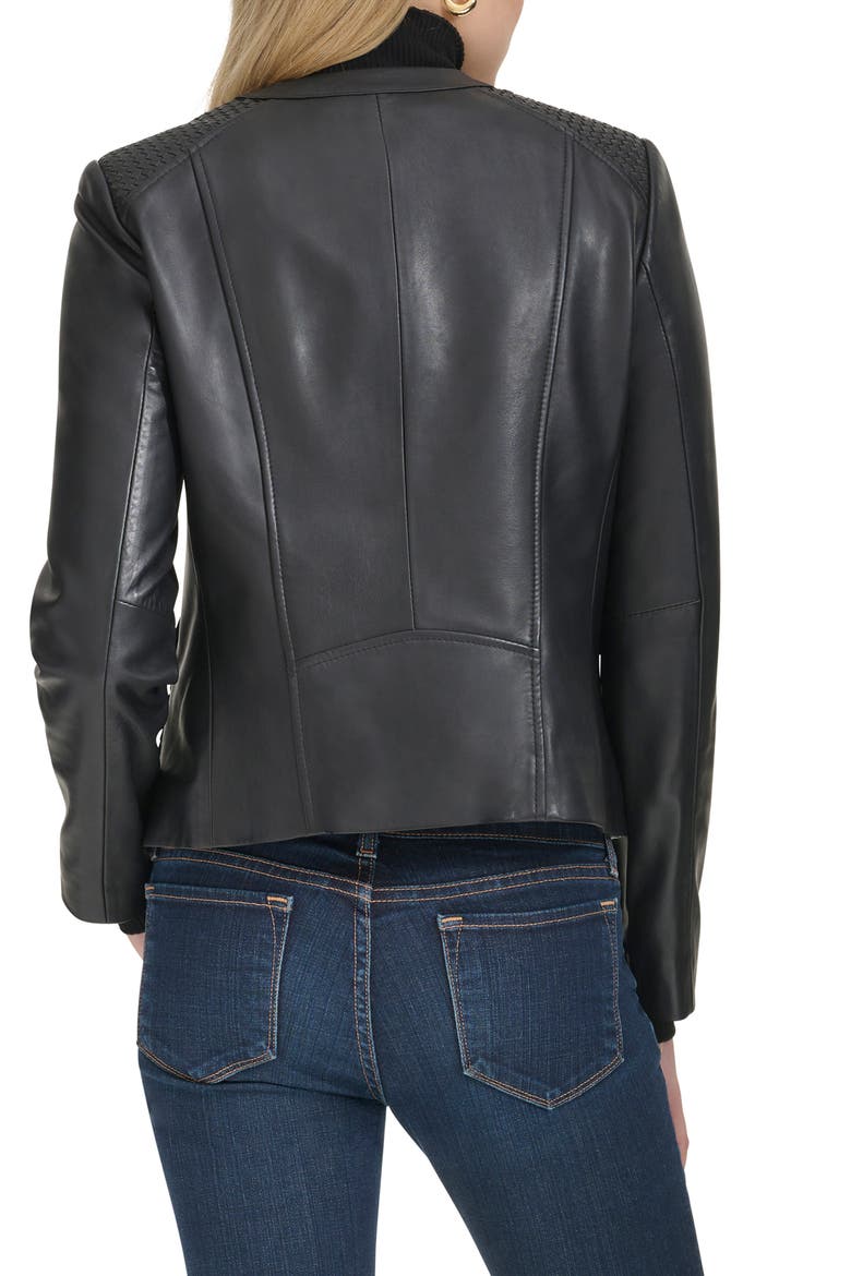 Woven Detail Leather Jacket, Alternate, color, BLACK