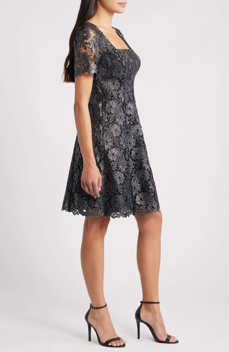 Eliza J Floral Lace Short Sleeve Fit & Flare Dress, Alternate, color, Black Silver