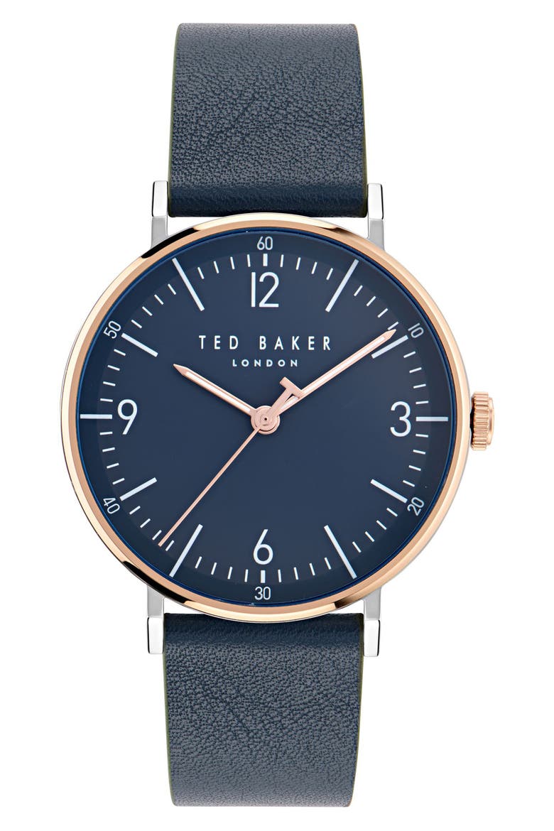 Phylipa Gents Recycled Stainless Steel Leather Strap Watch, 41mm, Main, color, BLUE