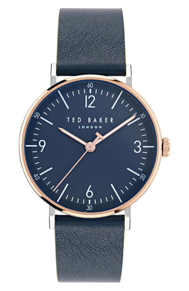 Ted Baker Phylipa Gents Recycled Stainless Steel Leather Strap Watch, 41mm, Main, color, Blue